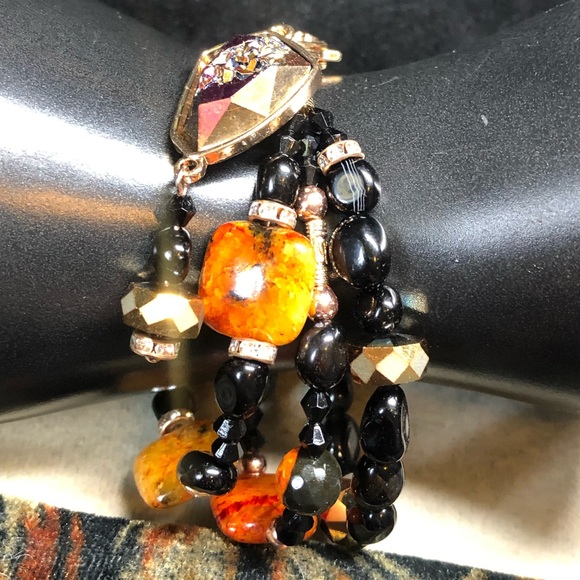 🧡🖤black and orange agate and rhodochrosite bracelet-artisan 7” - Picture 10 of 14